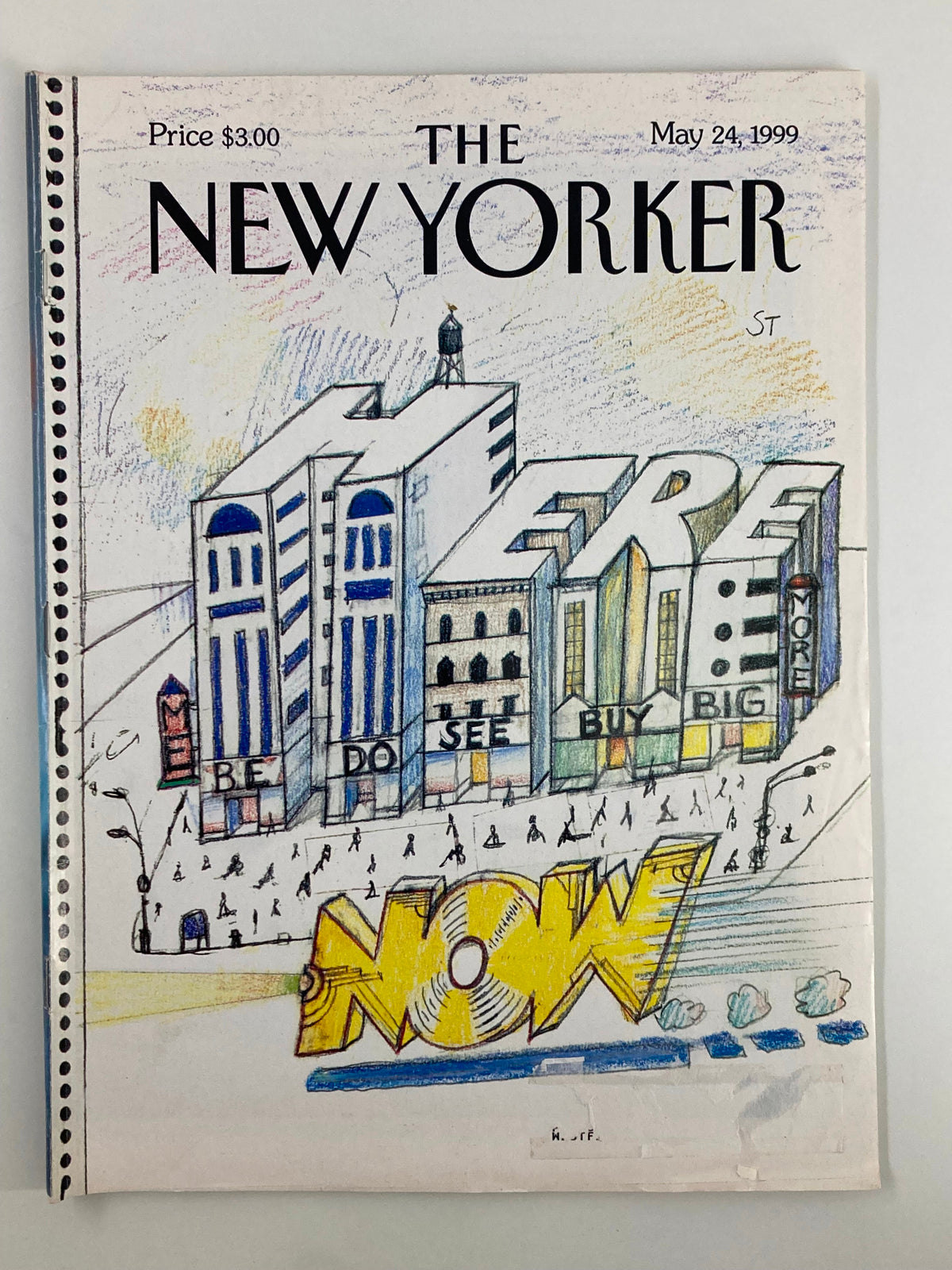 The New Yorker Magazine cover from May 24, 1999, featuring the theme 'Here Now' by Saul Steinberg, showcasing a vibrant hand-drawn illustration of a cityscape with buildings and a bustling street scene, embodying late 90s cultural commentary.