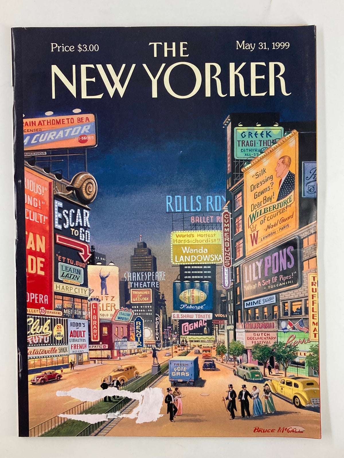 The New Yorker Magazine May 31, 1999 cover featuring the artwork 'Lost Times in Square' by Bruce McCall, showcasing a vibrant New York City scene filled with neon billboards and classic cars.