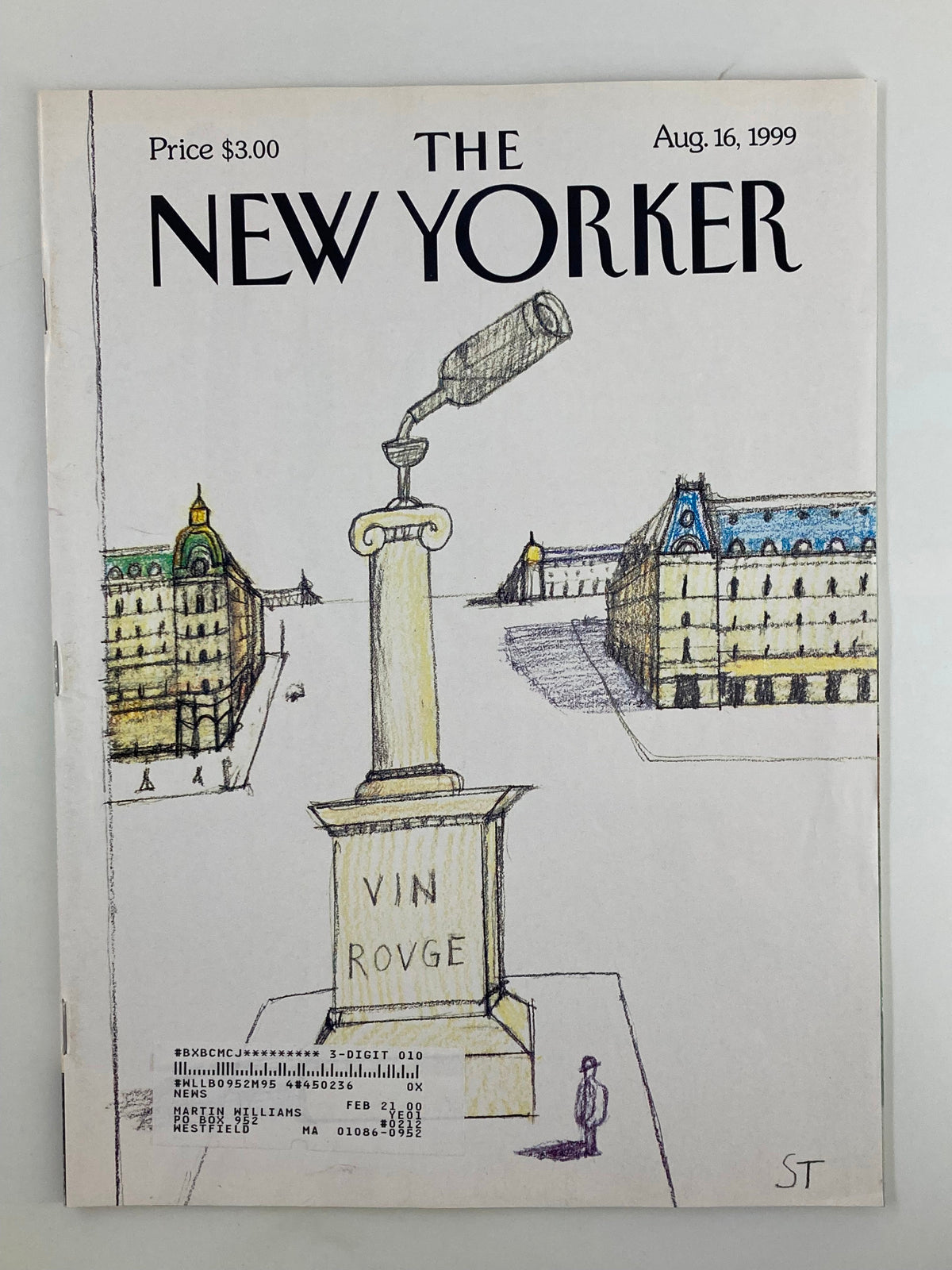Cover of The New Yorker Magazine dated August 16, 1999, featuring a whimsical illustration titled 'Vin Rouge' by Saul Steinberg, showcasing an artistic depiction of a monument with a wine bottle.