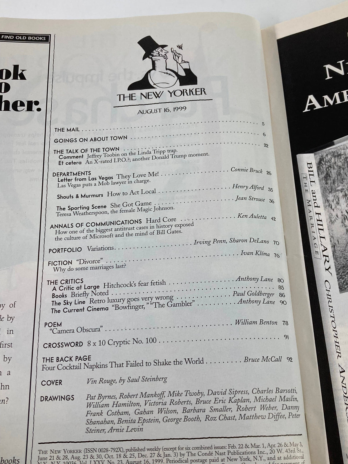 Interior page of The New Yorker Magazine from August 16, 1999, displaying the table of contents with listings of articles and features, including cover art by Saul Steinberg.