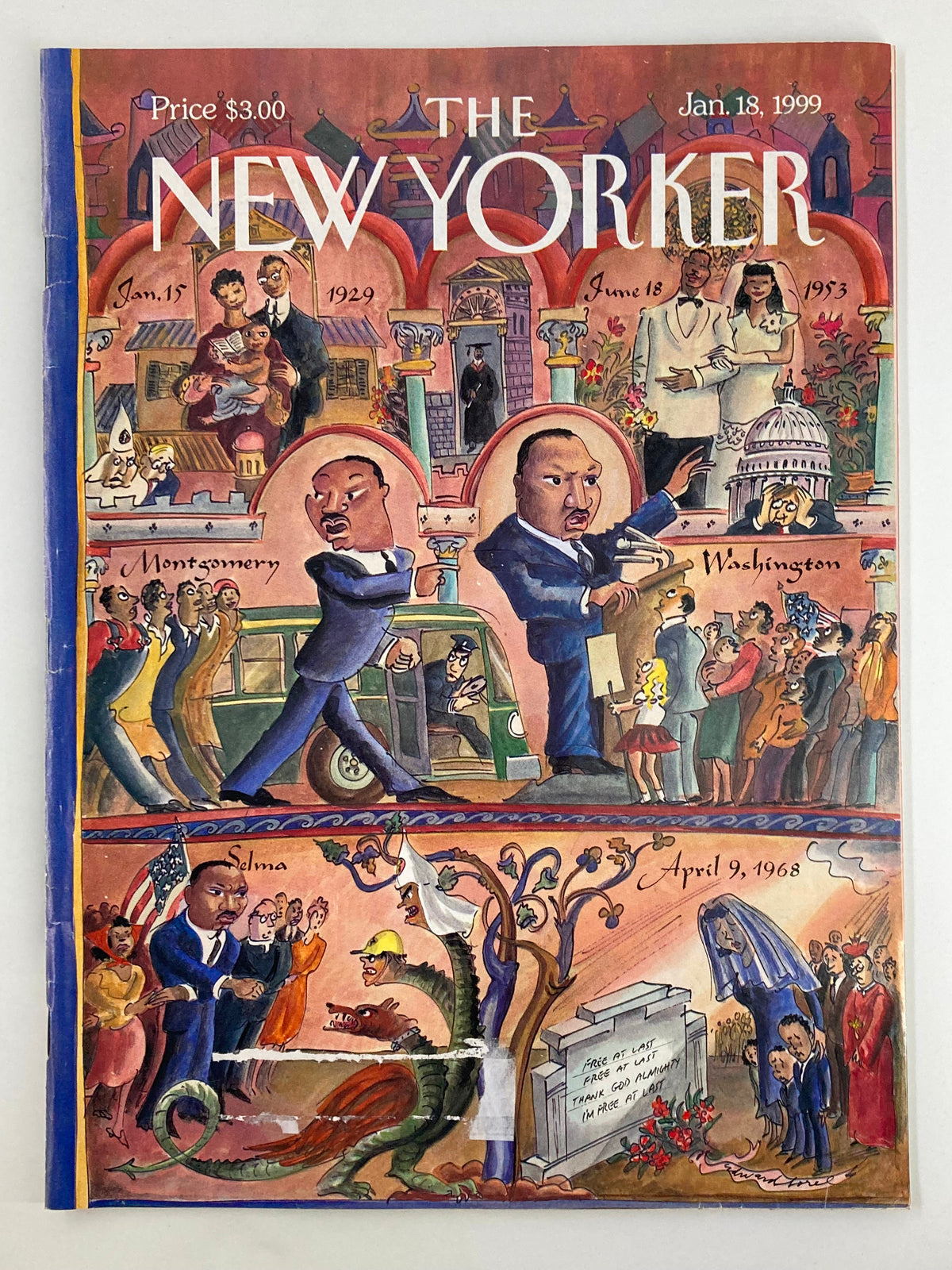 The New Yorker Magazine January 18 1999, featuring a cover illustration by Edward Sorel commemorating Martin Luther King Jr., showcasing significant moments in civil rights history.