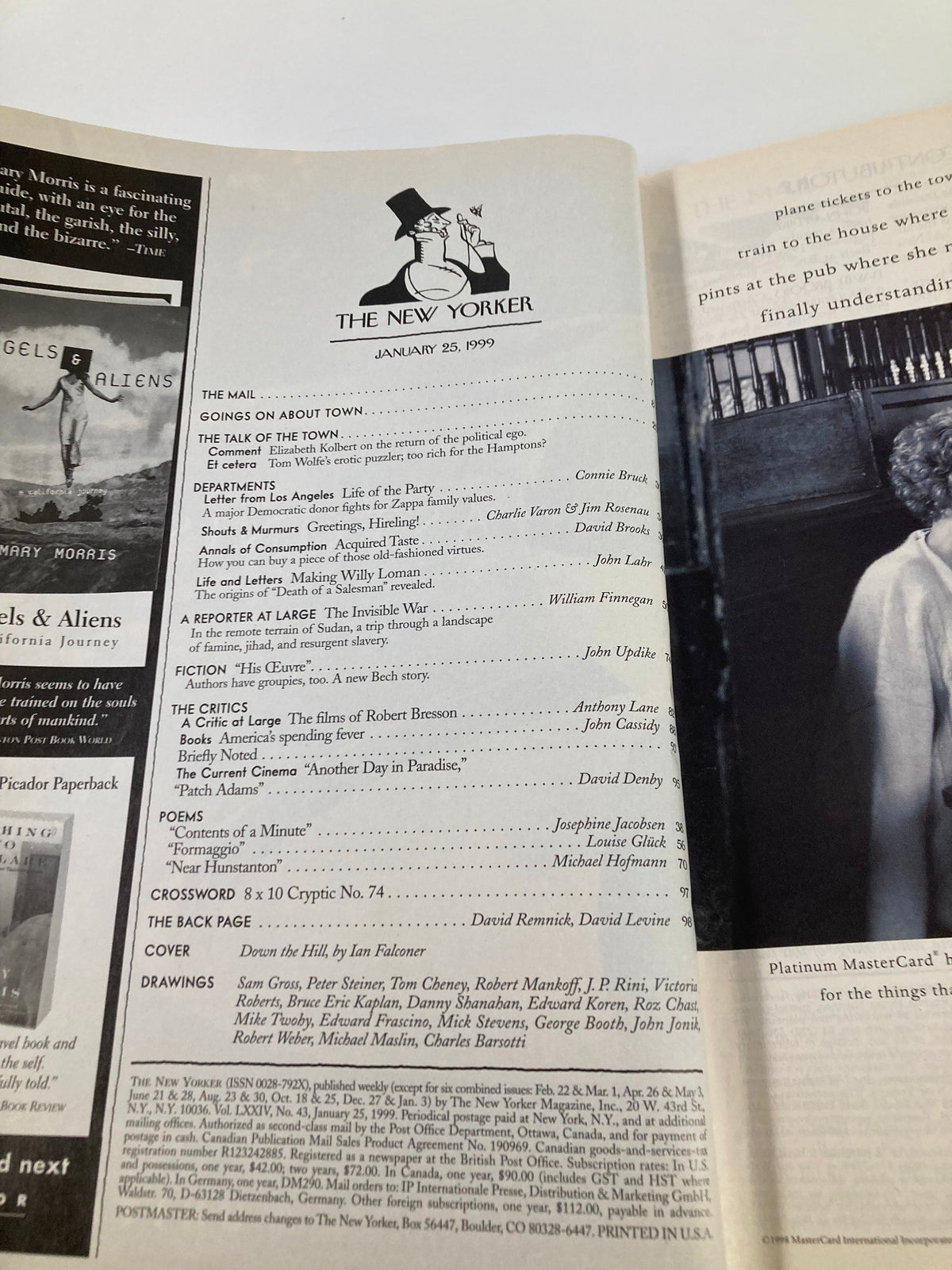 Interior page of The New Yorker Magazine January 25, 1999, displaying the table of contents and notable features, including the cover story 'Down the Hill' by Ian Falconer.