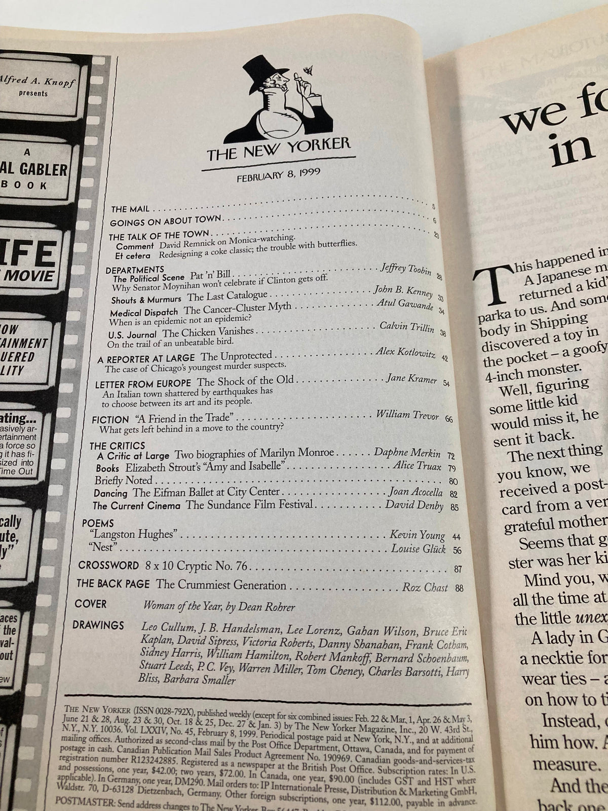 Contents page of The New Yorker Magazine February 8 1999 outlining various articles and features, including the cover story 'Woman of the Year' by Dean Rohrer.