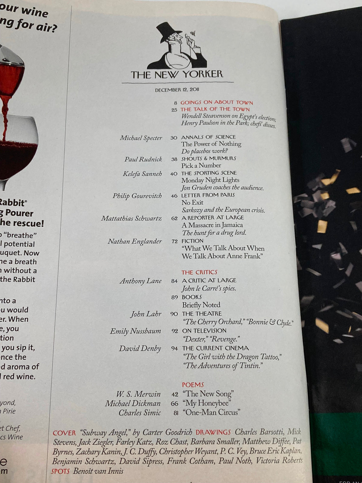 A page from The New Yorker magazine dated December 12, 2011, showcasing the table of contents which includes articles and poems, and featuring the cover art titled "Subway Angel" by Carter Goodrich. This page represents the rich cultural and literary content that The New Yorker is known for.