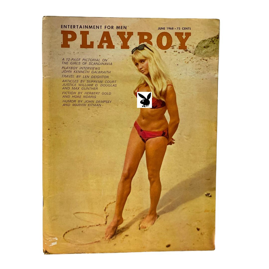 Vintage Playboy Magazine June 1968 featuring Playmate Britt Fredriksen on the cover in a pink bikini posing on the beach.