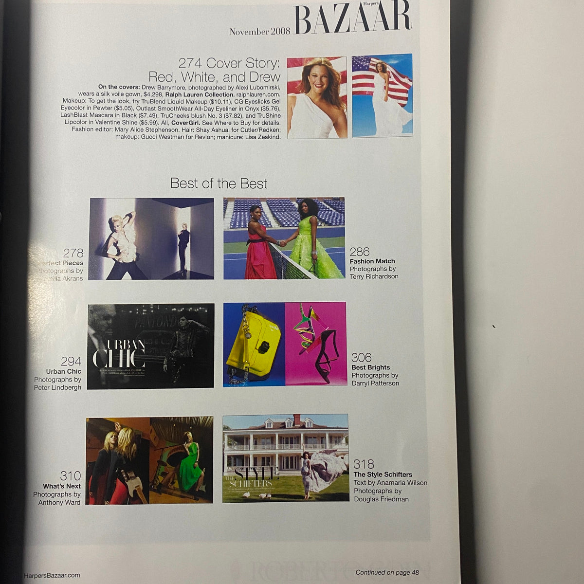 Inside spread of Harper's Bazaar Magazine November 2008, highlighting the cover story 'Red, White, and Drew' featuring Drew Barrymore. Includes features on urban chic fashion and best fashion matches.