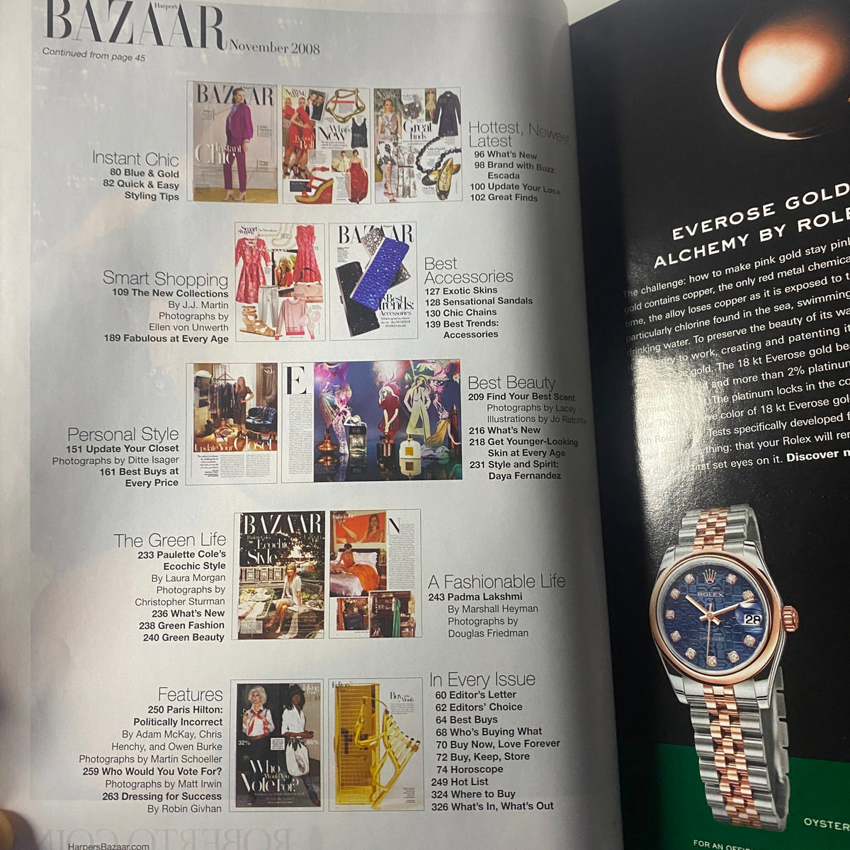 Contents page of Harper's Bazaar Magazine November 2008, showcasing various sections including chic shopping and best accessories, along with a fashion overview from the magazine.