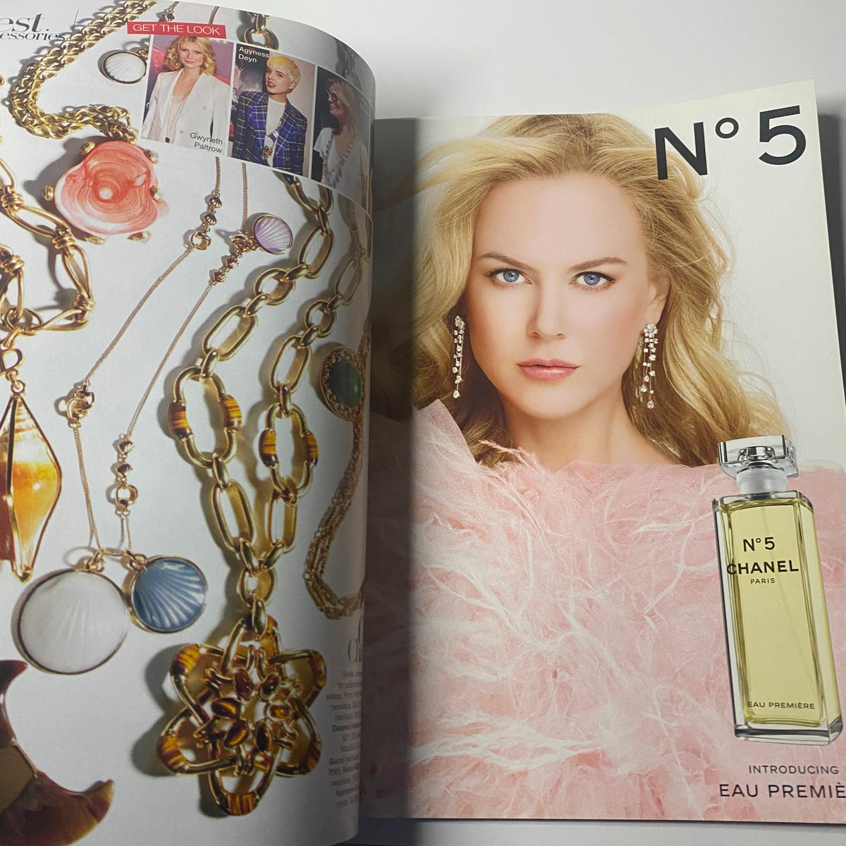 An advertisement from Harper's Bazaar Magazine November 2008 featuring Chanel No. 5 with a glamorous model. Illustrates the beauty and accessory highlights of the magazine issue.