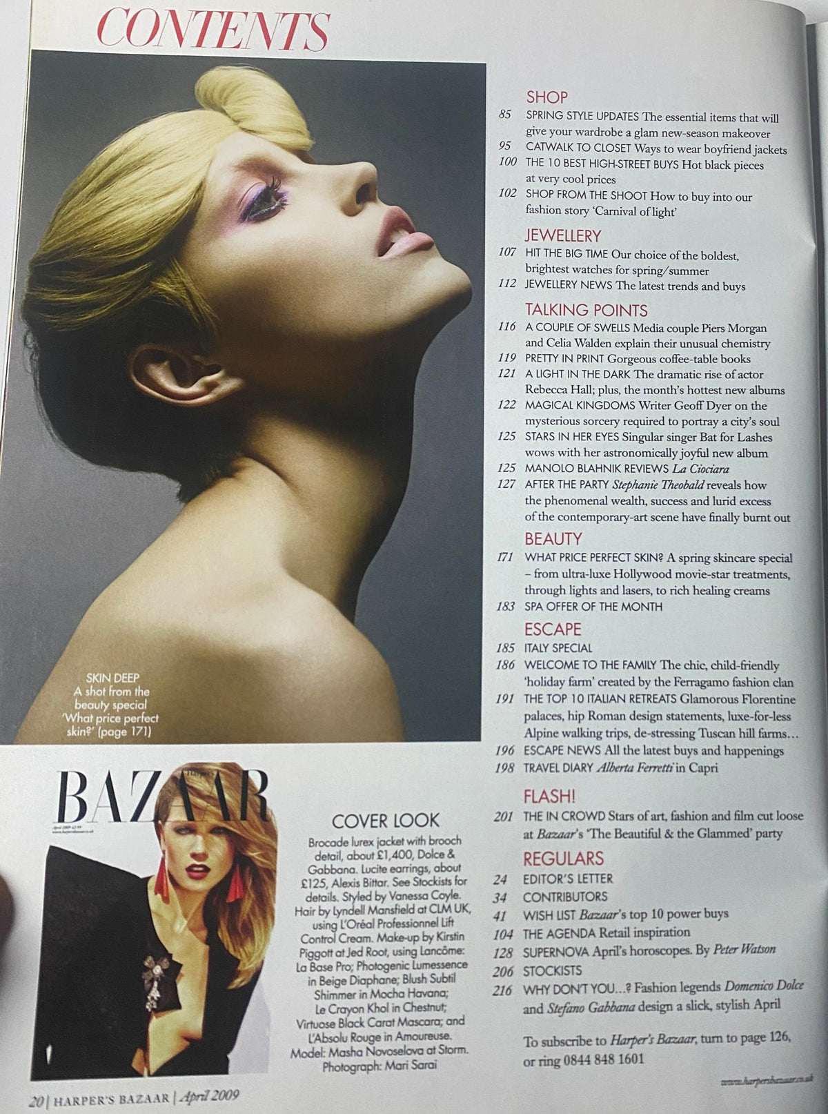 Second page of contents for Harper's Bazaar British Magazine April 2009, highlighting featured articles such as 'Cover Look' and topics about beauty and style.