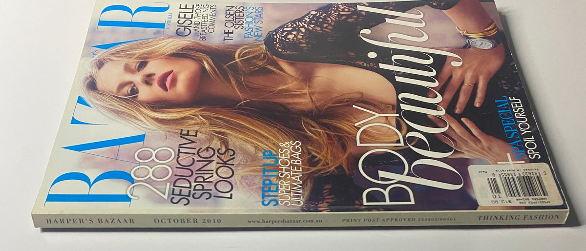 Side view of Harper's Bazaar Australia Magazine October 2010 cover showcasing Gisele Bündchen, highlighting the issue's emphasis on seductive spring looks and fashion trends.