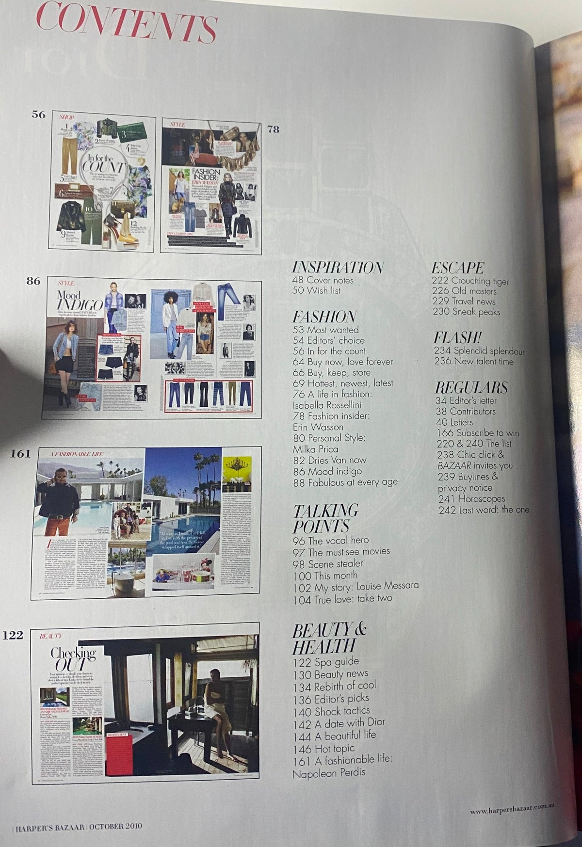 Second page of the table of contents from Harper's Bazaar Australia Magazine October 2010, detailing fashion and beauty articles along with editorial features.