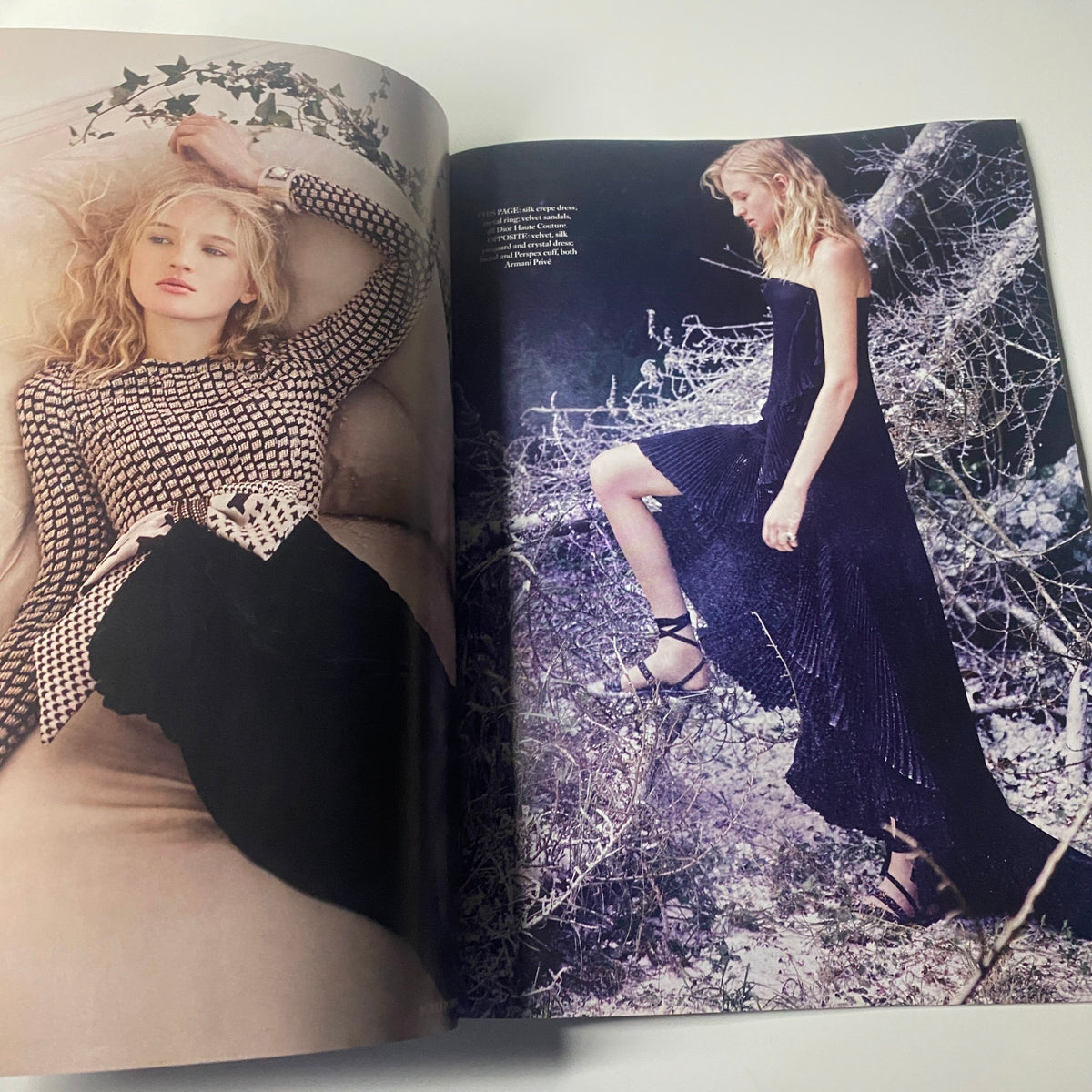 Fashion editorial spread in Harper's Bazaar British Magazine January 2017, featuring models in luxurious winter attire amidst an ethereal setting.