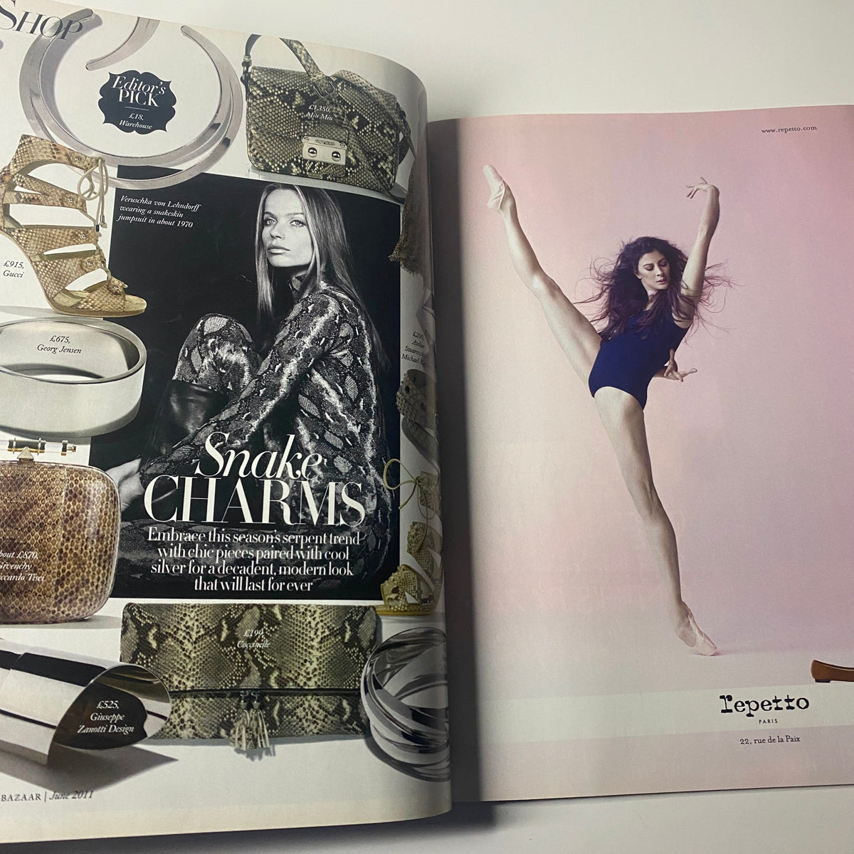 Harper's Bazaar UK Magazine June 2011 featuring a fashion spread with stylish snake-print shoes and elegant accessories alongside a model showcasing high fashion and dance.