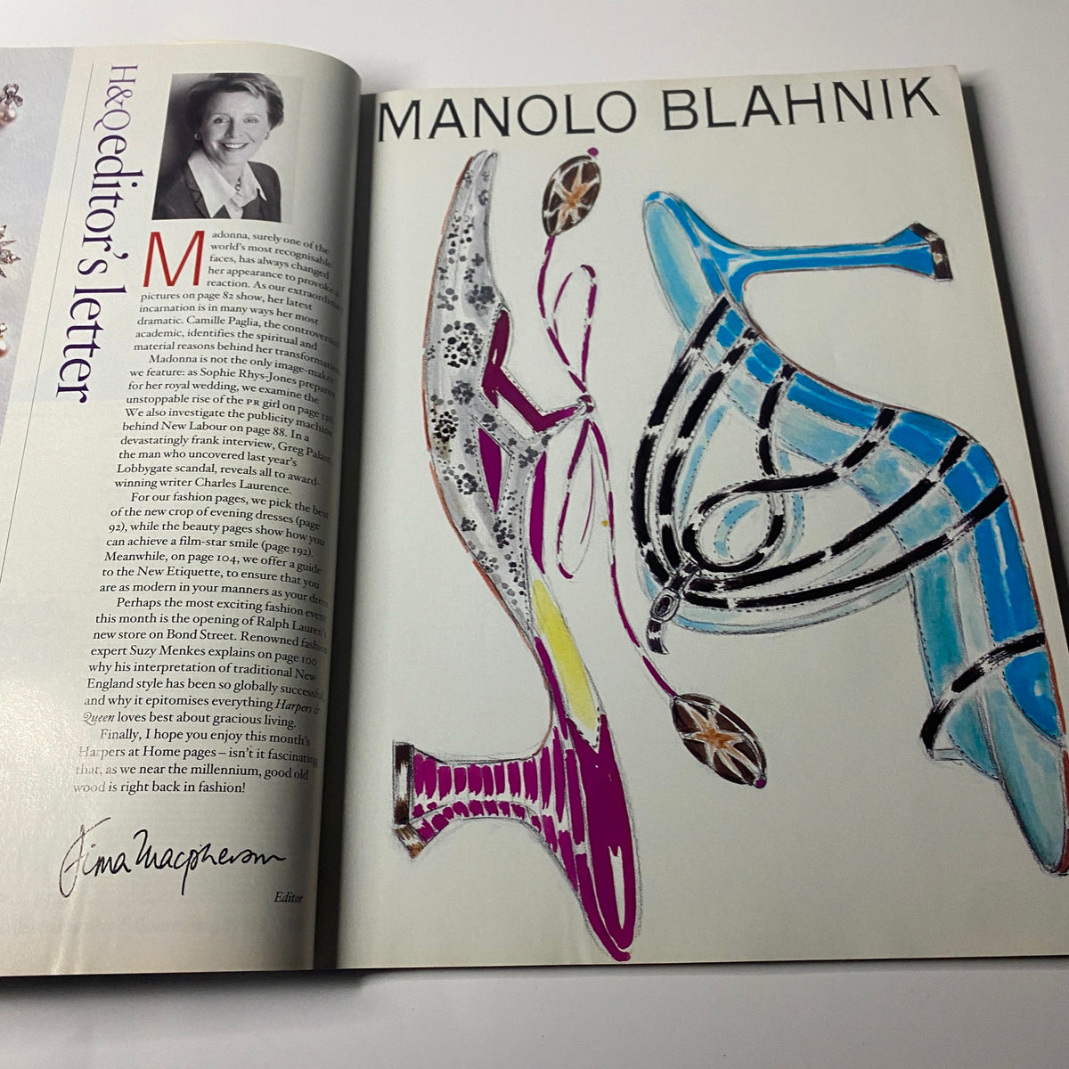 Harpers & Queen British Magazine May 1999 editor's letter with a colorful illustration by Manolo Blahnik, highlighting fashion and editorial content.