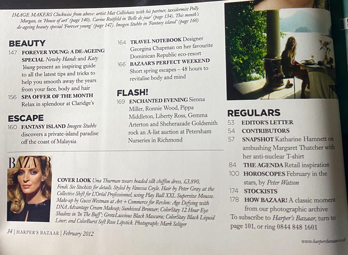 Contents page of Harper's Bazaar UK Magazine February 2012 displaying articles including 'Forever Young' beauty feature and 'Escape' travel spotlight.