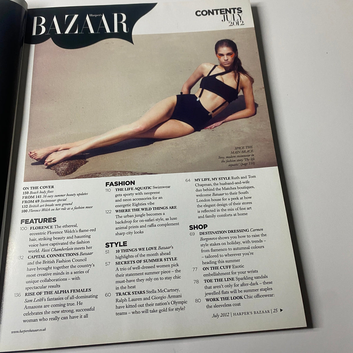 Contents page of the July 2012 issue of Harper's Bazaar UK, detailing features including summer beauty updates, swimwear, and fashion insights.