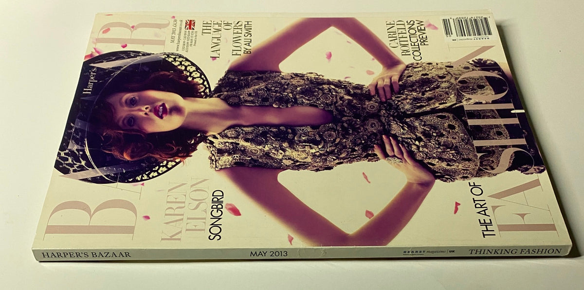 Back cover view of Harper's Bazaar UK Magazine May 2013 with Karen Elson featured prominently, emphasizing styles and editorial direction.