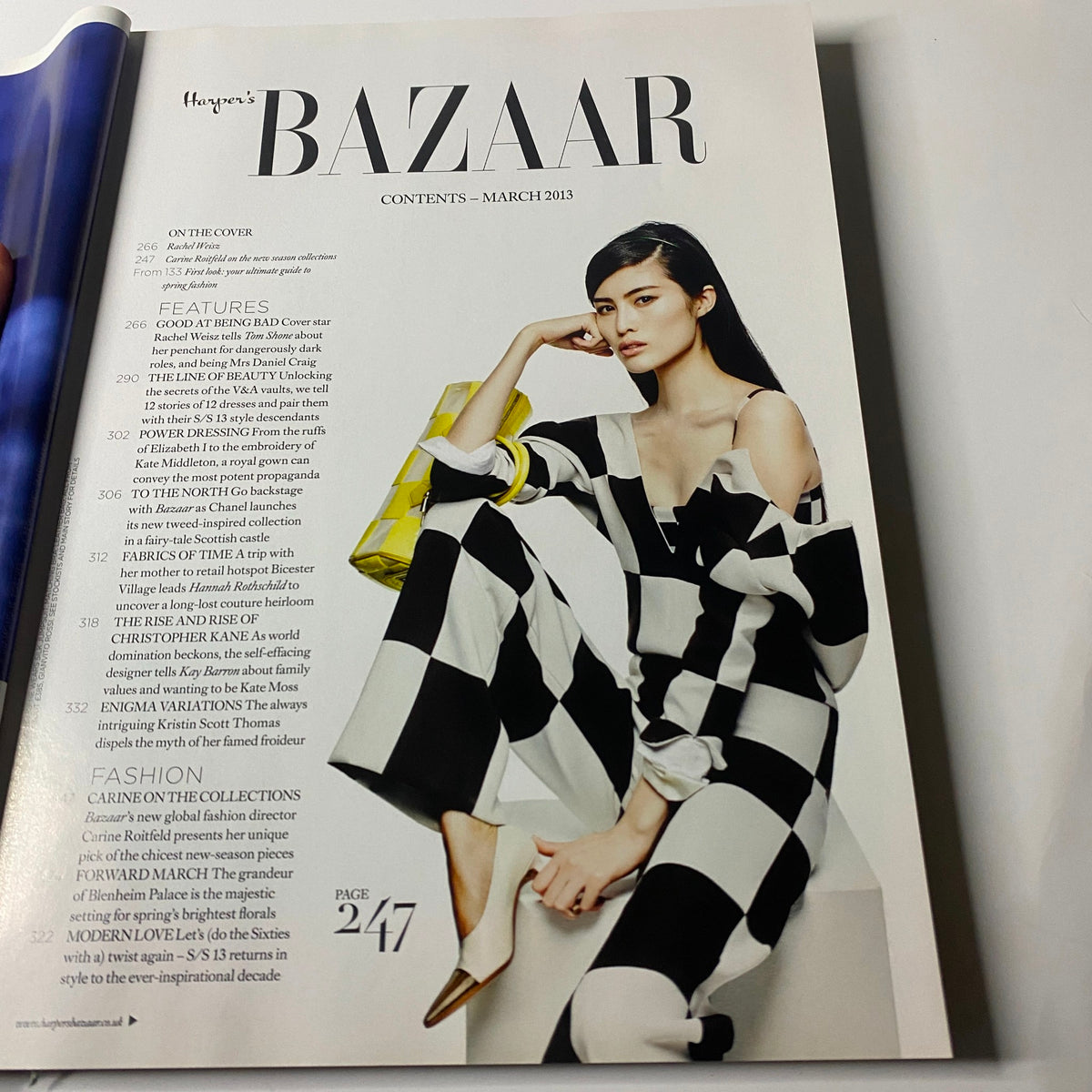 Table of contents from Harper's Bazaar UK Magazine March 2013 featuring fashion highlights and features, including actress Rachel Weisz on the cover.