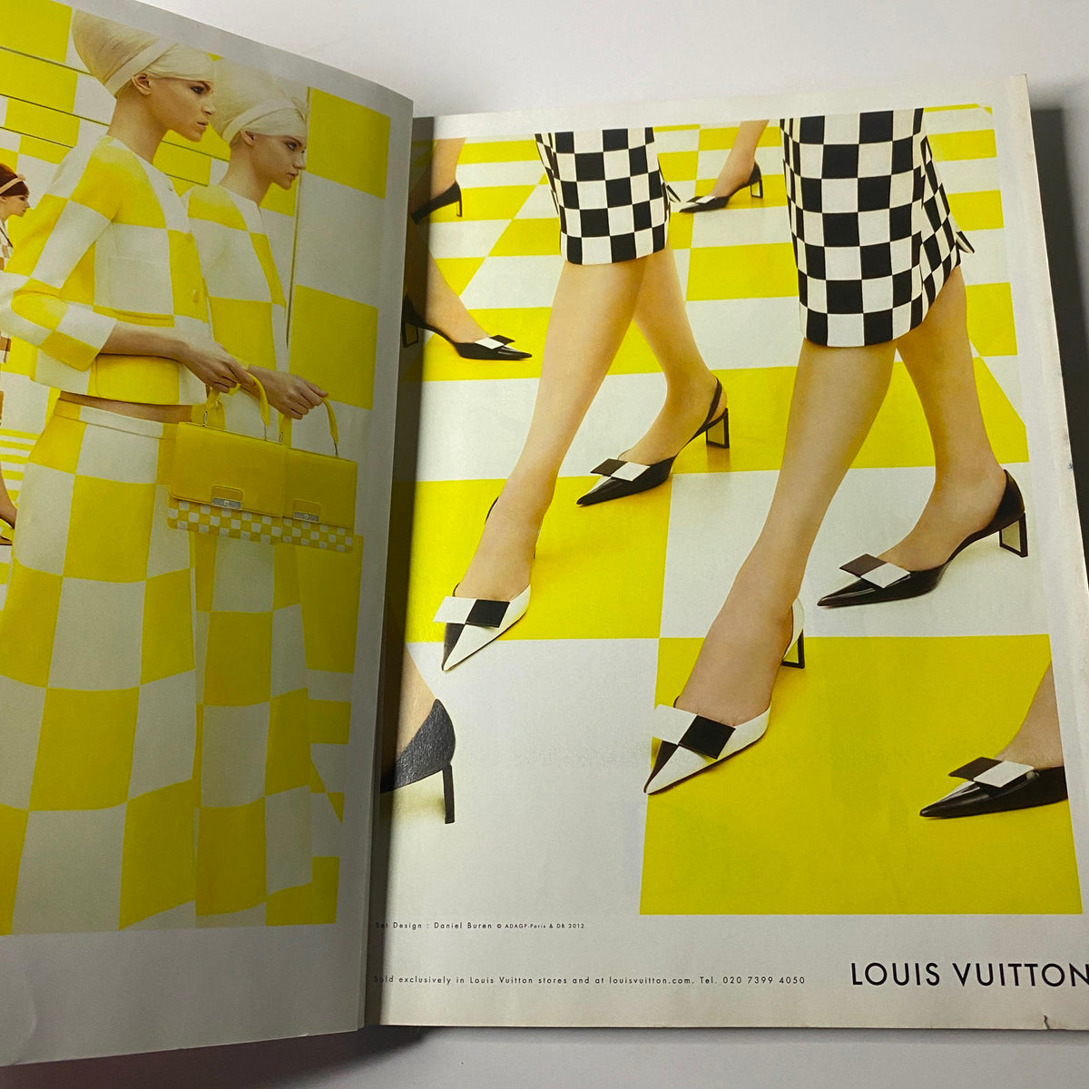 Fashion advertisement featuring Louis Vuitton from Harper's Bazaar UK Magazine March 2013 with checkered patterns and stylish footwear.