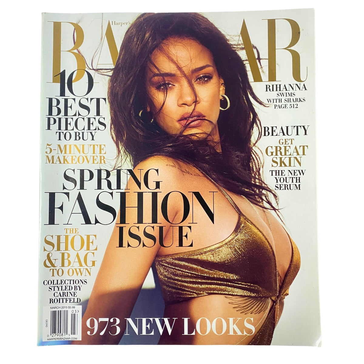 Cover of Harper's Bazaar Magazine March 2015 featuring Rihanna, showcasing spring fashion trends with bold typography.