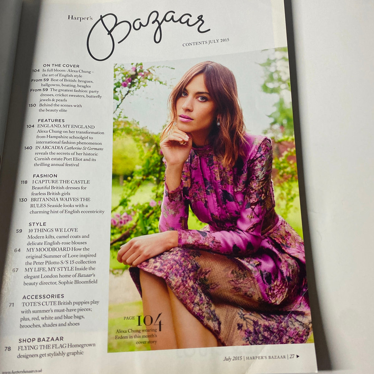Contents page of Harper's Bazaar UK Magazine July 2015, highlighting features including Alexa Chung and the article 'England, My England'.