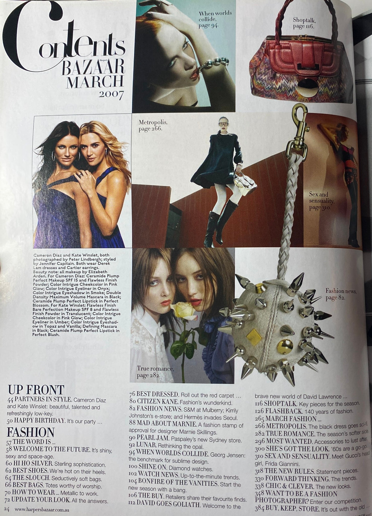 Contents page of Harper's Bazaar Australia March 2007, highlighting main articles including 'Partners in Style' featuring Cameron Diaz and Kate Winslet, and various fashion features.