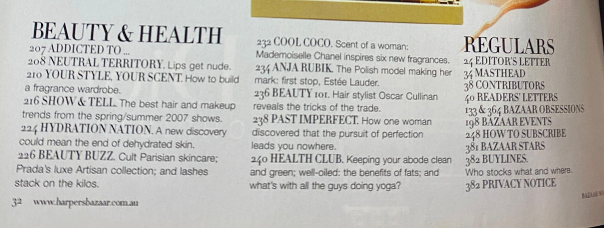 Harper's Bazaar Australia Magazine March 2007 featuring content under Beauty & Health section including highlights on makeup trends and health tips.