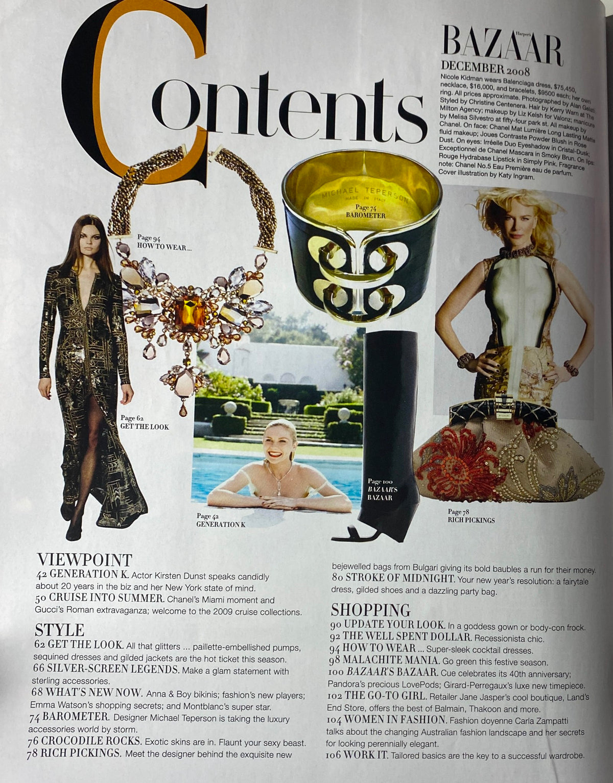 Harper's Bazaar Australia Magazine December 2008 Contents Page featuring fashion items, highlights from the issue such as sequins and holiday looks.