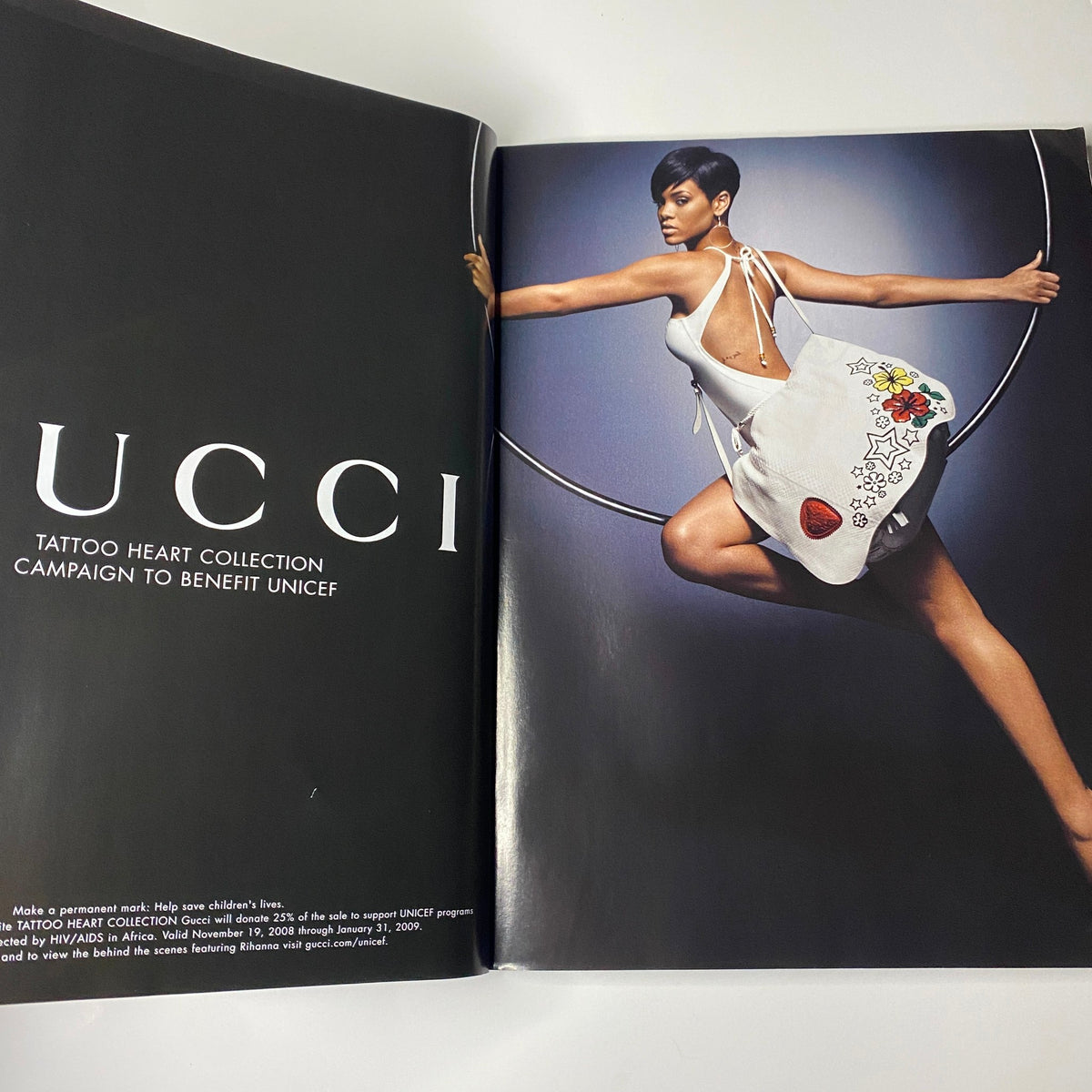 Harper's Bazaar Australia Magazine December 2008 spread featuring UCCI's Tattoo Heart Collection promoting UNICEF, highlighting fashionable and charitable designs.