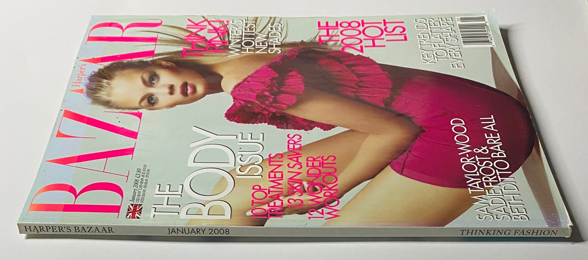 Harper's Bazaar British Magazine January 2008 with Franziska Frank on the cover, displaying her in a striking pink dress and highlighting the Body Issue and self-care themes.