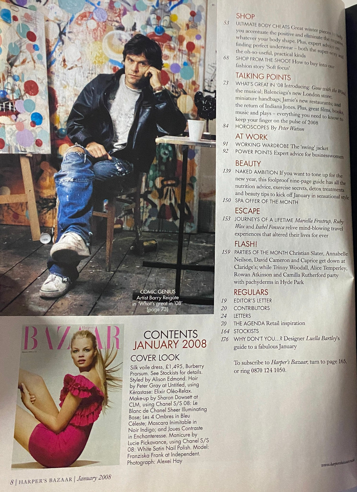 Contents page of Harper's Bazaar British Magazine January 2008, showcasing the cover look of Franziska Frank alongside feature highlights and contributions from well-known artists.
