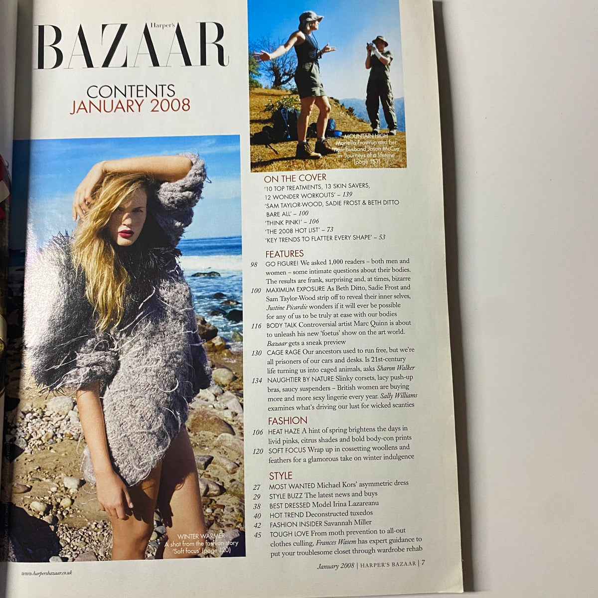 Harper's Bazaar British Magazine January 2008 Contents page featuring model Franziska Frank, showcasing the magazine's highlights and themes of body positivity and fashion.
