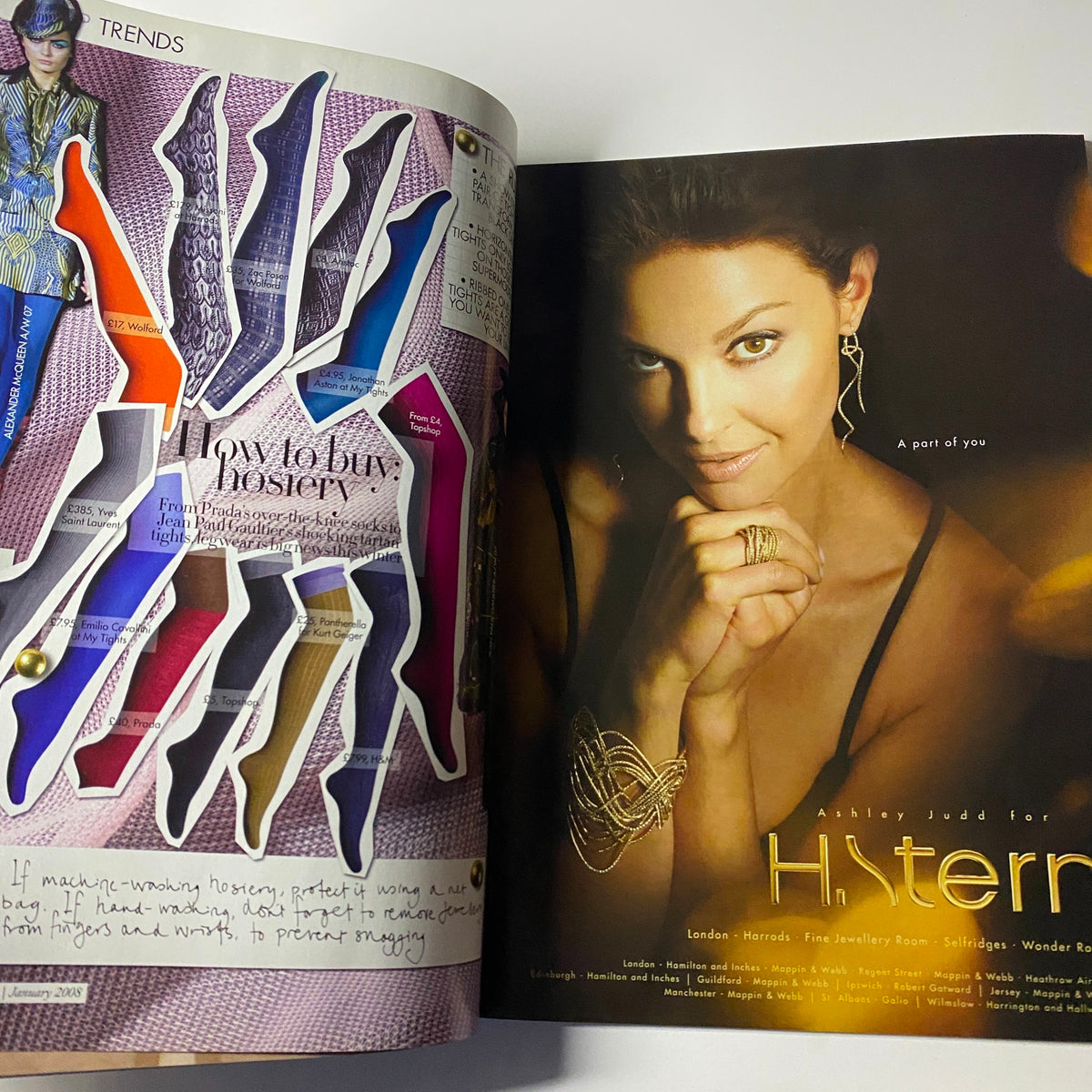Harper's Bazaar British Magazine January 2008 fashion trends spread showcasing colorful hosiery designs and an advertisement for Histern featuring actress Ashley Judd.