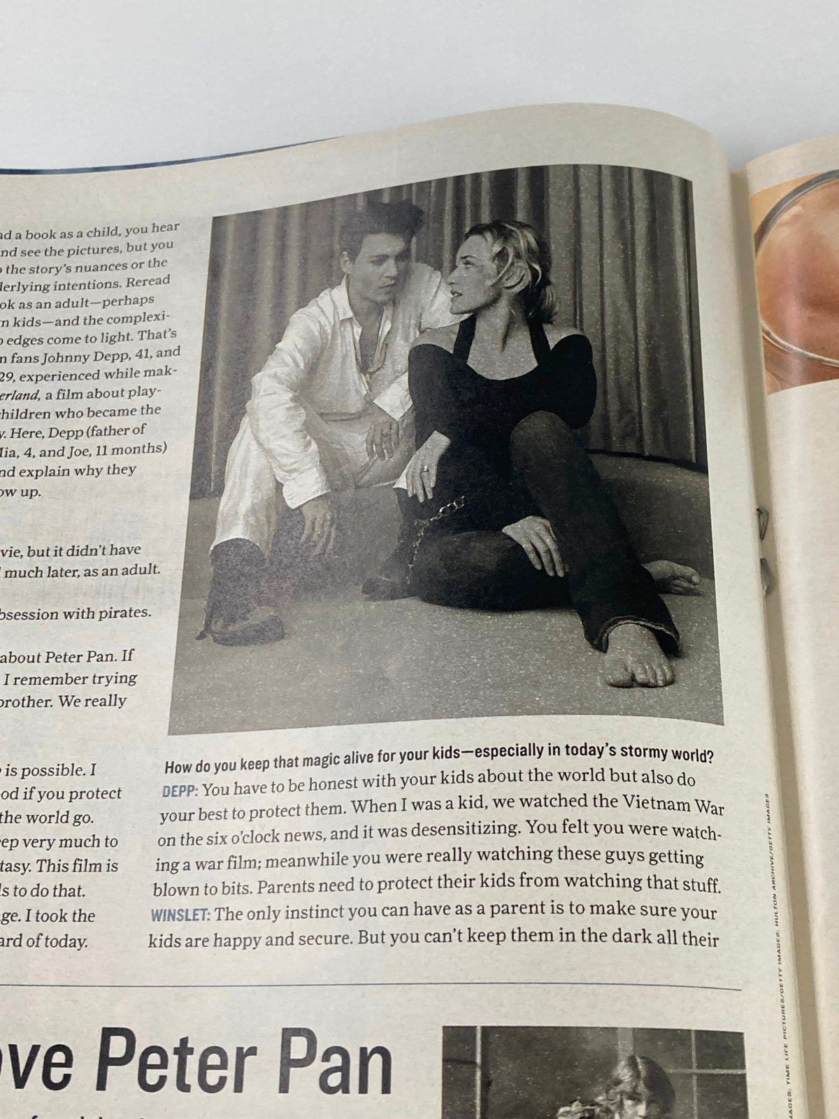 A page from Life Magazine Newspaper Insert, capturing Kate Winslet and Johnny Depp discussing parenting in a cinematic context, November 19, 2004.