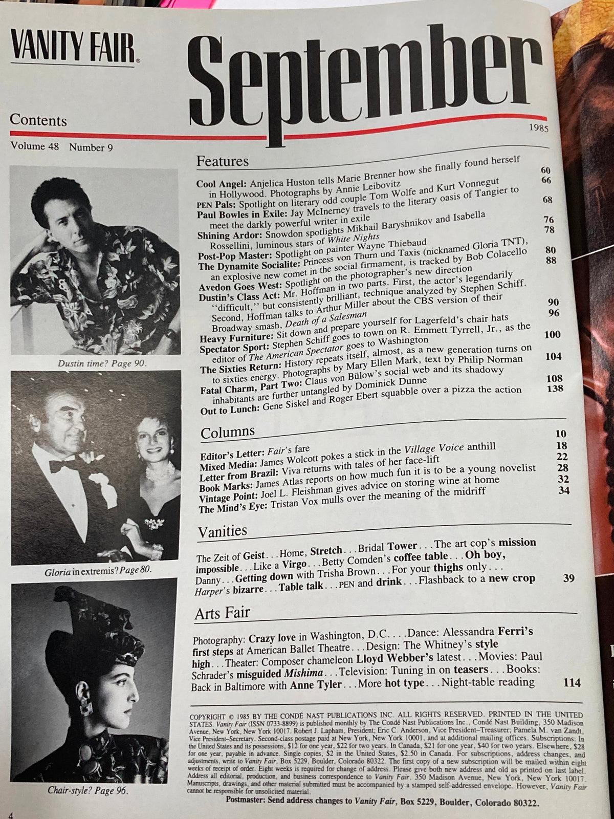 Contents page of the September 1985 Vanity Fair magazine, listing features including 'Tales of Hoffman' and other notable articles.