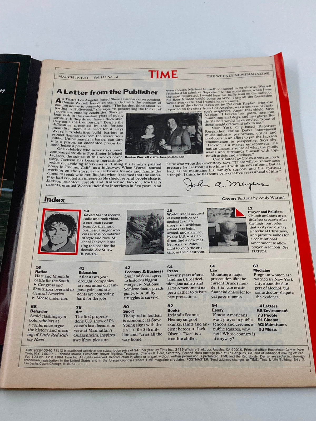 Interior page of VTG Time Magazine March 1984 showcasing a letter from the publisher and the magazine index, highlighting articles related to Michael Jackson.