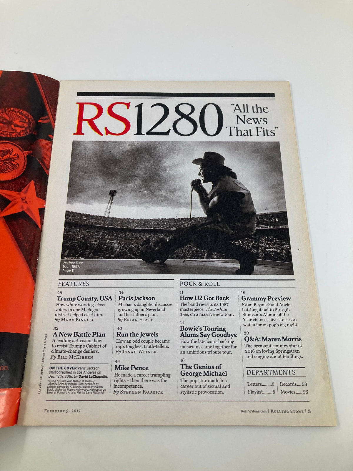 Inside page of Rolling Stone Magazine February 9 2017 Issue 1280 featuring Paris Jackson, with a photo of a musician performing at a concert and headlines highlighting features and articles.