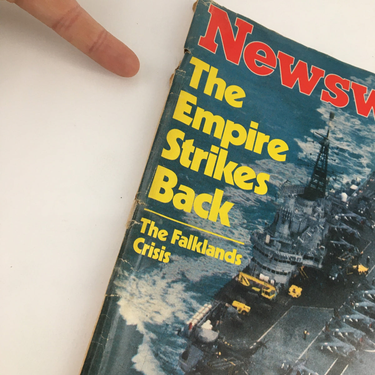 Newsweek Magazine cover from April 19, 1982, featuring The Empire Strikes Back and The Falklands Crisis, showcasing a military ship at sea.