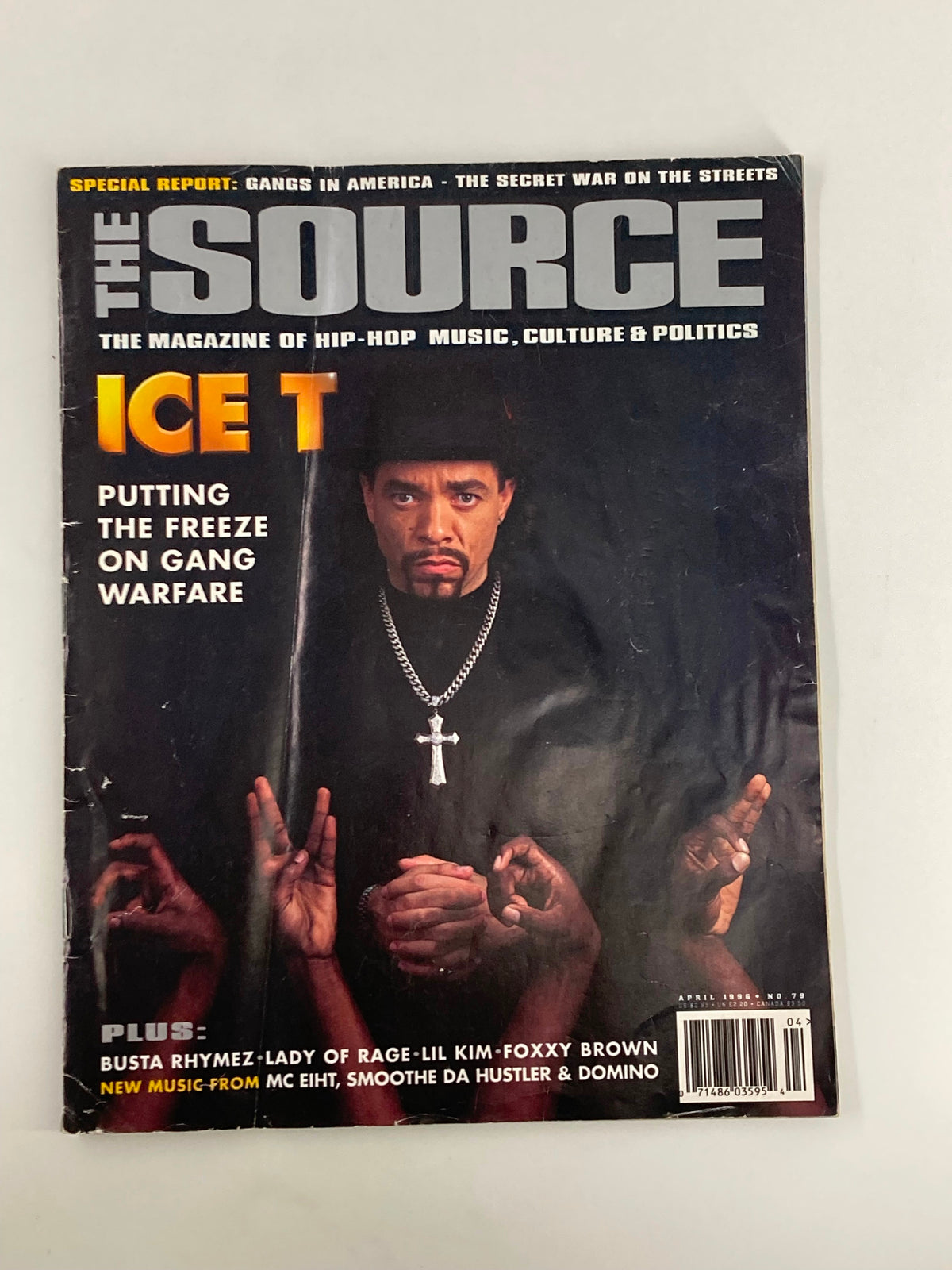 Cover of The Source Magazine April 1996 No. 79 featuring Ice T, showcasing an article on gang culture in America with hands forming symbols in the background.