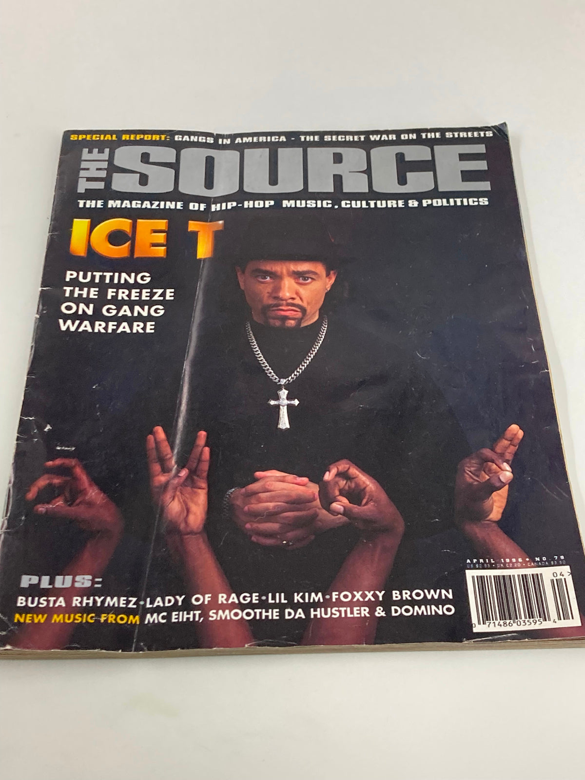 Alternative view of The Source Magazine April 1996 No. 79 cover featuring Ice T, highlighting the topic of gang warfare in a vintage hip-hop magazine.