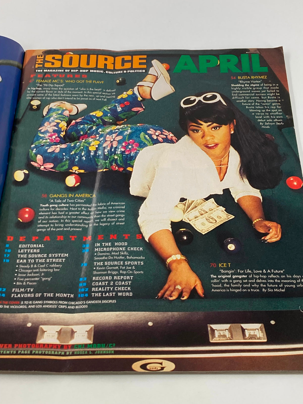 Interior page of The Source Magazine April 1996 No. 79 showing a feature on female hip-hop artists and an article on gangs in America, showcasing the vibrant design.