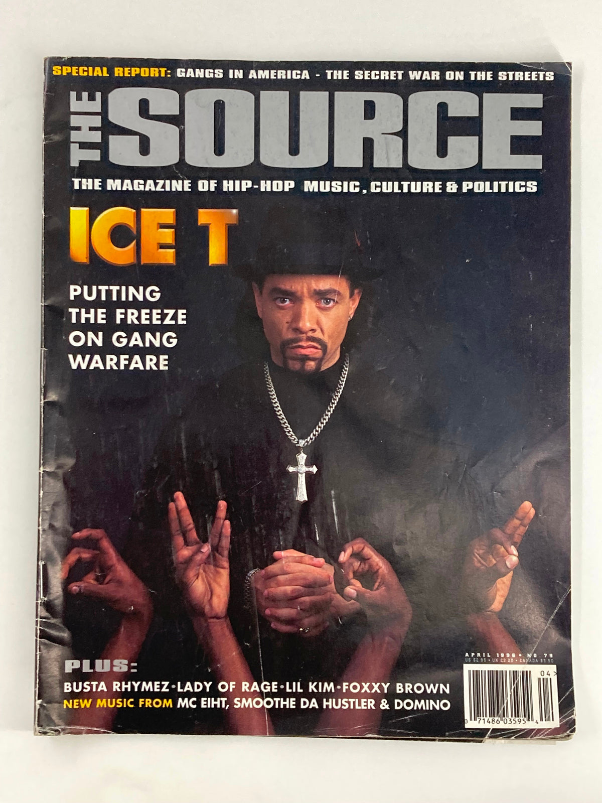 The Source Magazine April 1996 No. 79 cover featuring Ice T with the title 'Putting the Freeze on Gang Warfare' alongside images of hands showing gang signs. A classic hip-hop magazine highlighting cultural and political issues.