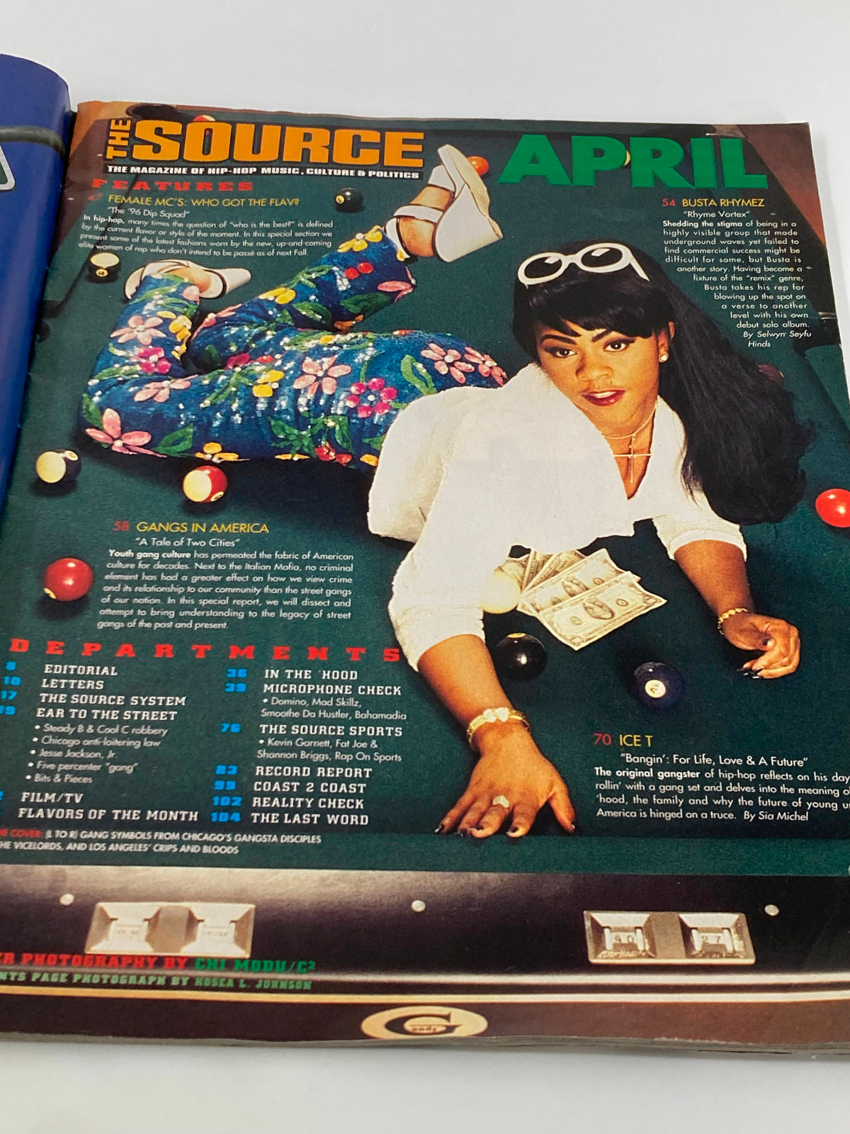 Inside page of The Source Magazine April 1996 No. 79 featuring a stylized photo of Busta Rhymes, highlighting features of the magazine along with sections on gangs in America and hip-hop culture.