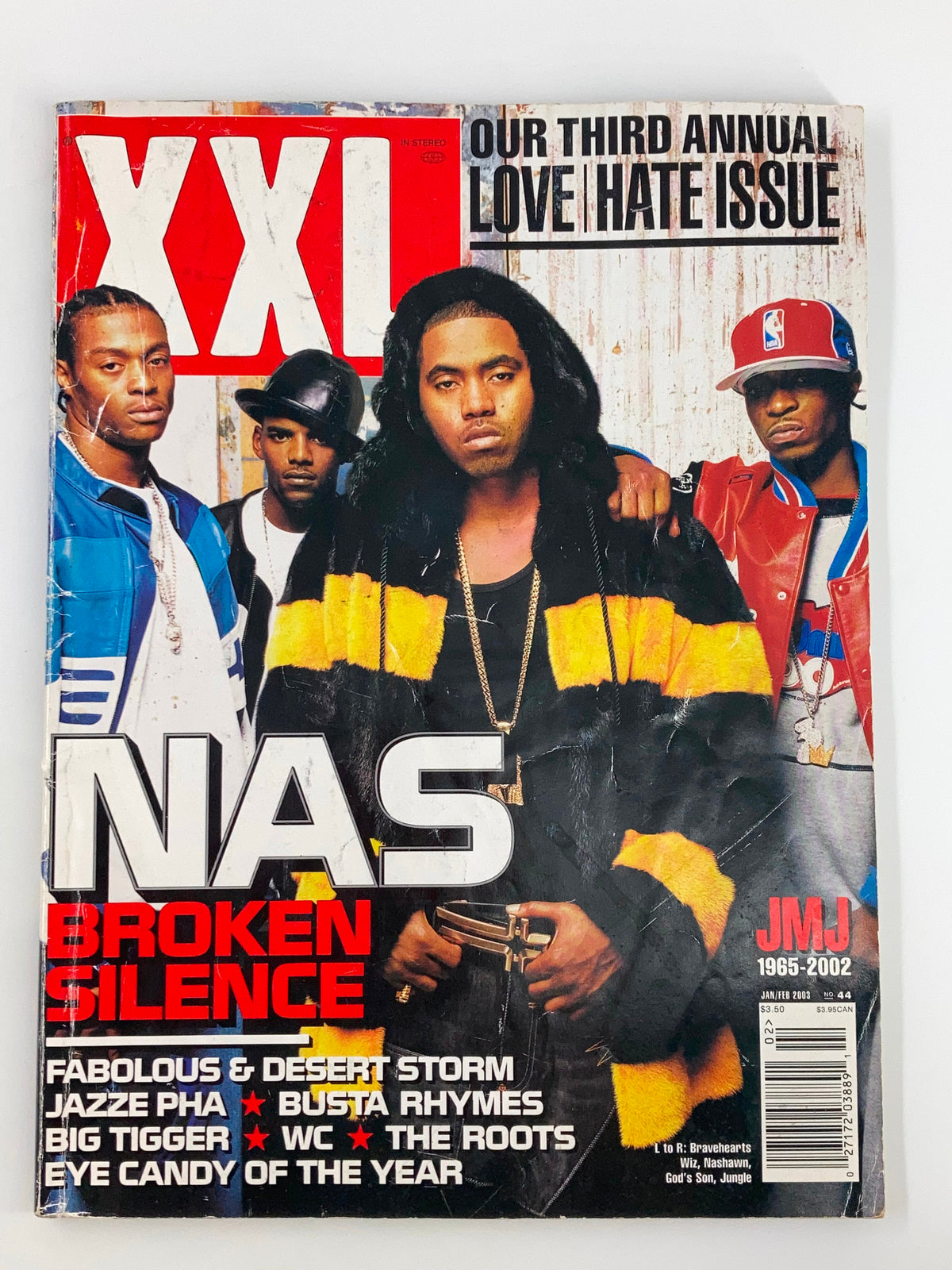 XXL Magazine January 2003 featuring NAS on the cover with the title 'Broken Silence,' showcasing key hip-hop figures from the early 2000s including JMJ and others.