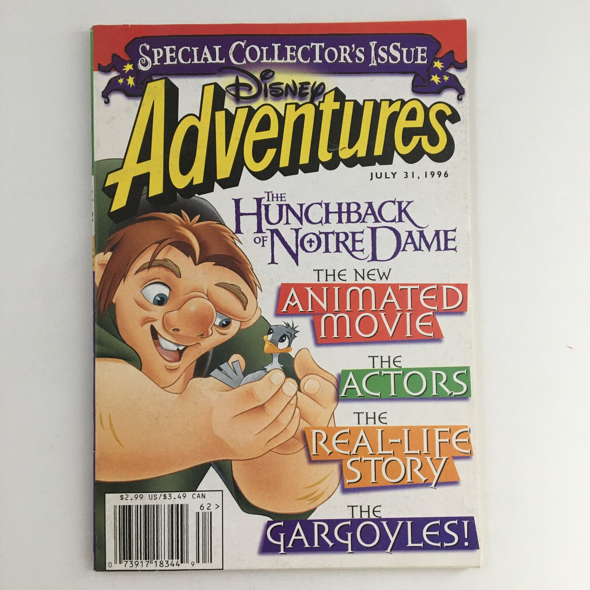 Disney Adventures Magazine from July 31, 1996 featuring The Hunchback of Notre Dame, showcasing vibrant illustrations and engaging content related to Disney's animated movie.