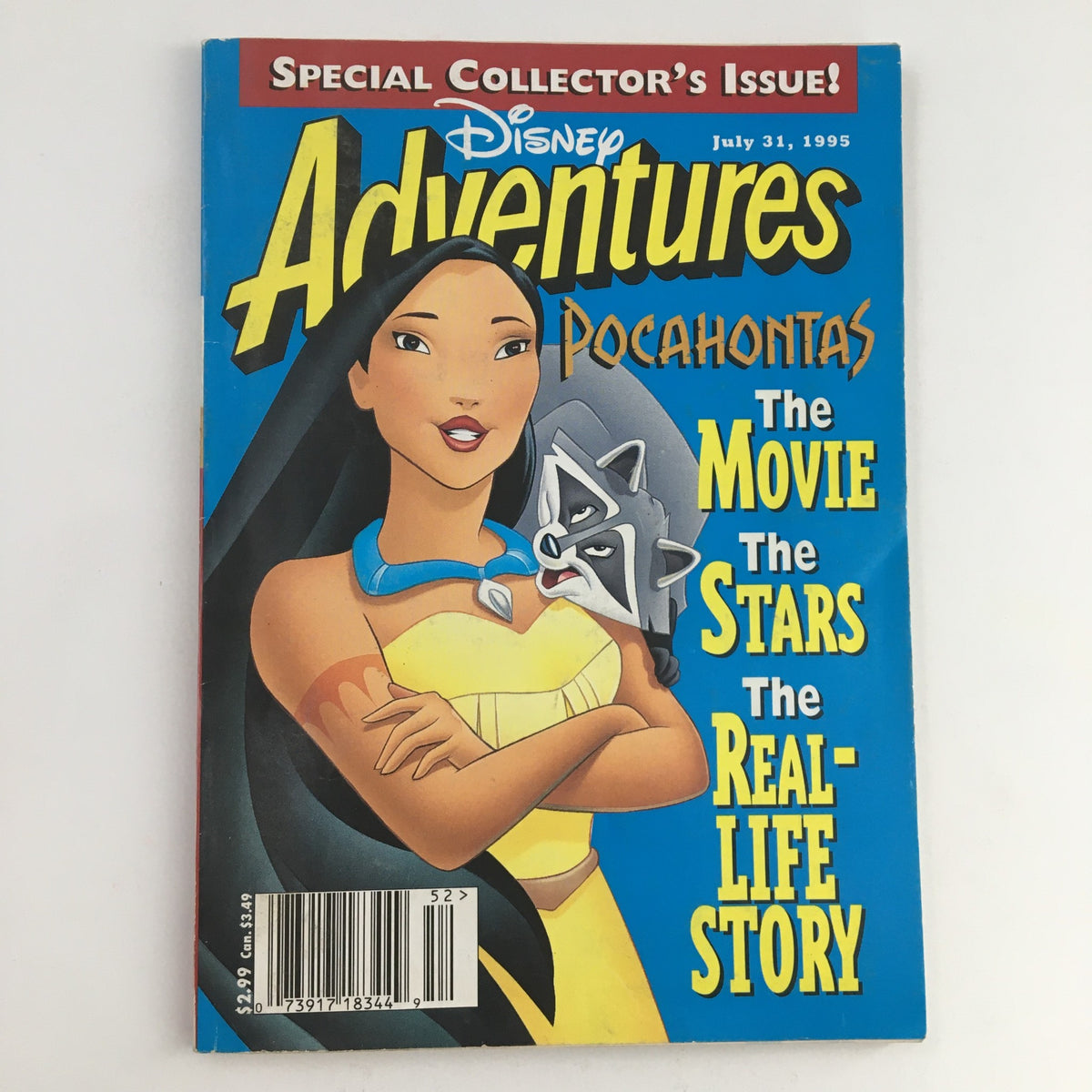 Cover of Disney Adventures Magazine, July 31, 1995, featuring Pocahontas, emphasizing 'The Movie, The Stars, The Real-Life Story.' This edition celebrates Pocahontas in a vibrant and engaging design, perfect for collectors and fans of Disney.