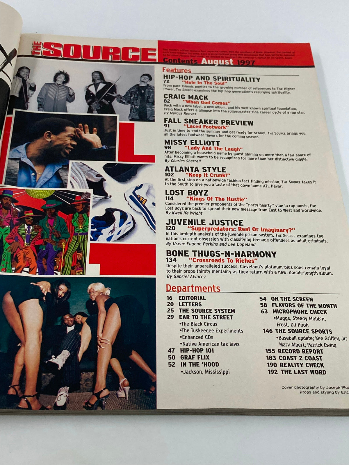 Contents page of The Source Magazine August 1997 featuring Layzie Bone and Thugs-N-Harmony, along with articles on hip-hop culture and notable features including Missy Elliott and Craig Mack.