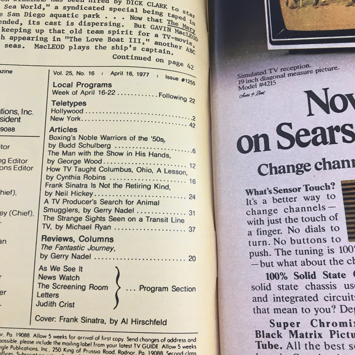 Interior page of TV Guide Magazine April 16 1977 with details on local programs and articles including an interview with Frank Sinatra.