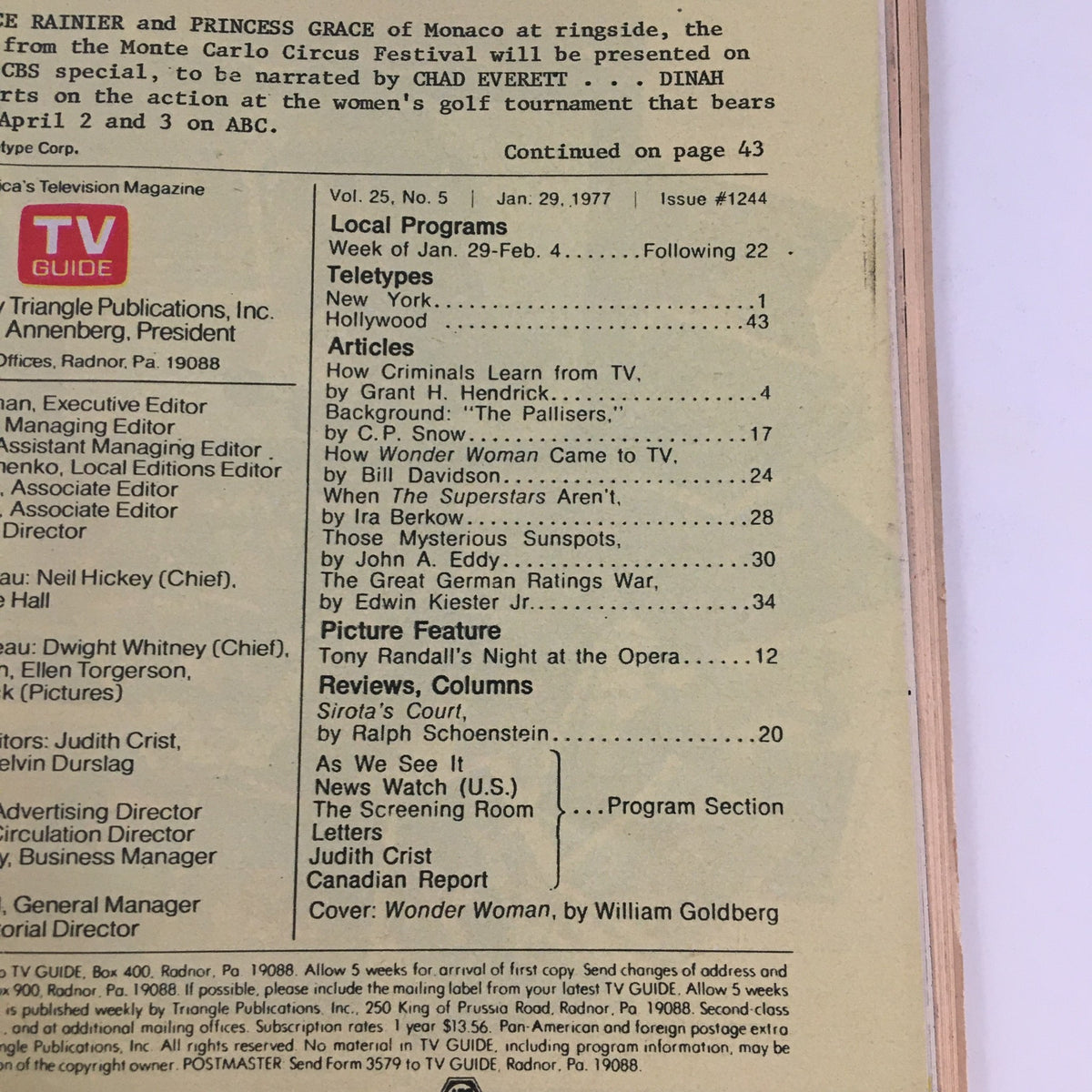 Inside page of TV Guide Magazine from January 29, 1977, featuring articles and listings, including the cover story about Lynda Carter as Wonder Woman, L.A. Edition.