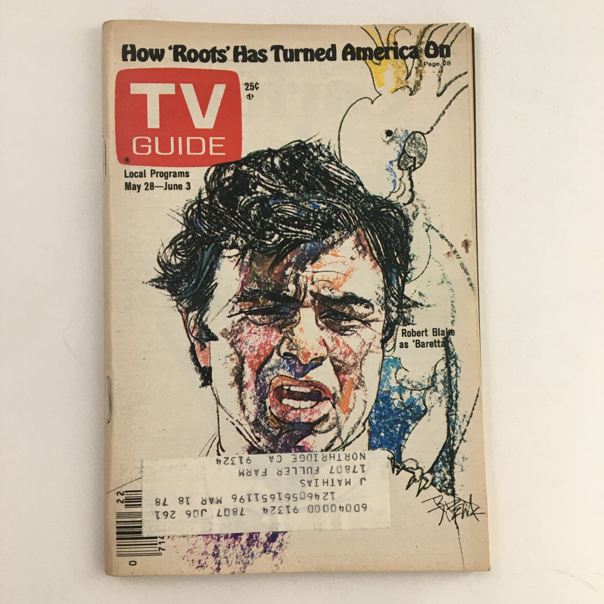 TV Guide Magazine May 28 1977 featuring Robert Blake as 'Baretta' on the cover. The magazine showcases artwork of Blake's character along with highlights of the cultural significance from the late 1970s.